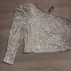 Express Silver Sequin One-Shoulder Top